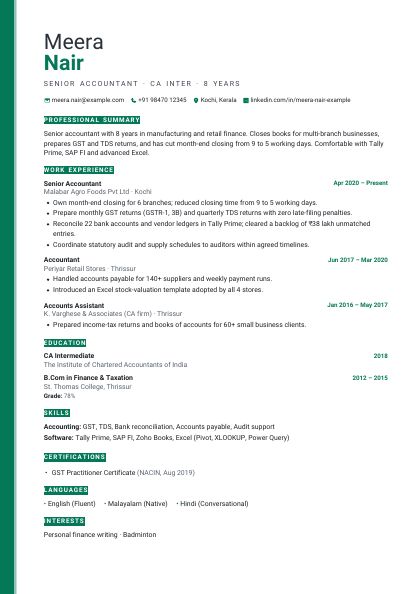 Accent Bar Emerald Sharp CV template