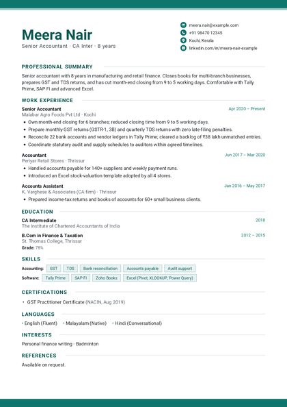 Bookend Teal Sharp CV template preview
