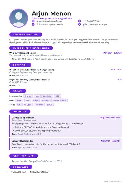 Campus Violet Bold CV template preview