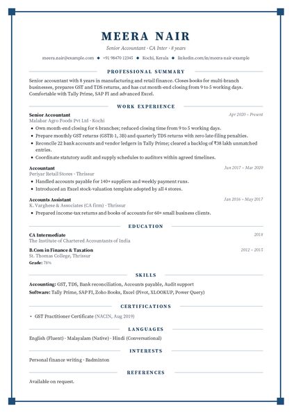 Framed Navy CV template preview