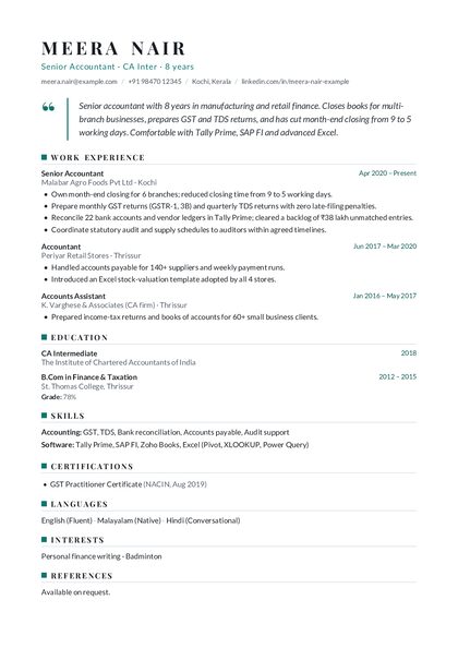 Quote Teal CV template preview