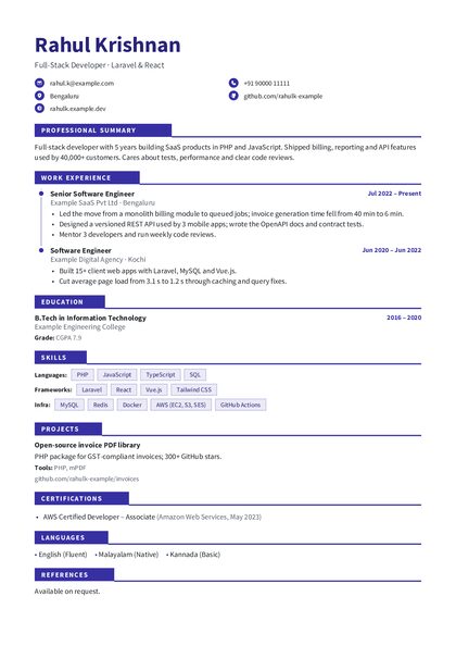 Tabs Indigo CV template preview