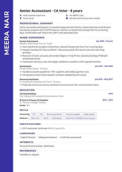 Vertical Indigo CV template preview
